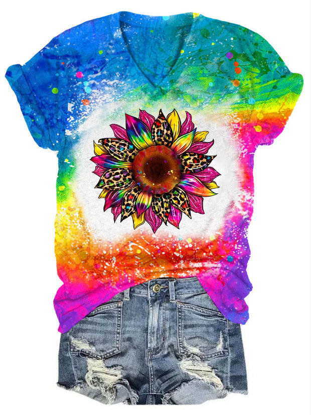 Sunflower Leopard Print Tie-Dye V-Neck T-Shirt