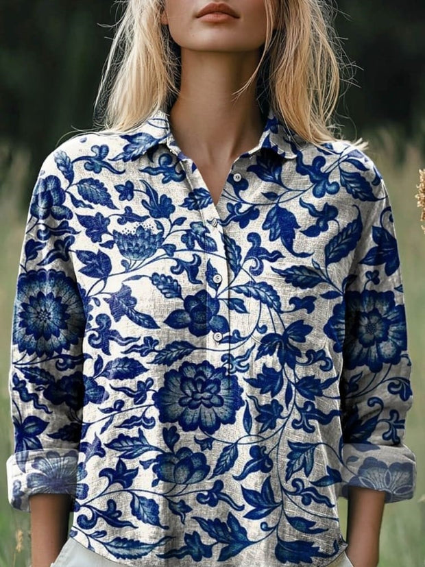 Women's Vintage Lovely Floral Art Print Casual Cotton And Linen Shirt