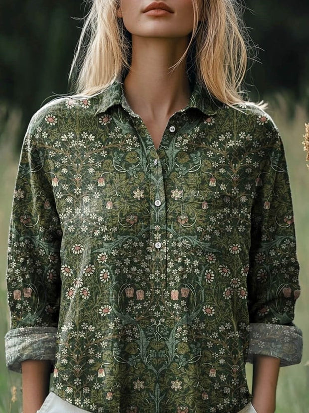 Women's Vintage Lovely Floral Art Print Casual Cotton And Linen Shirt