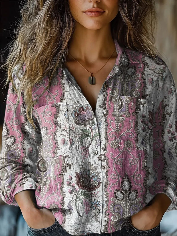 Women's Retro Floral Print Casual Long Sleeve Comfortable Cotton Shirt