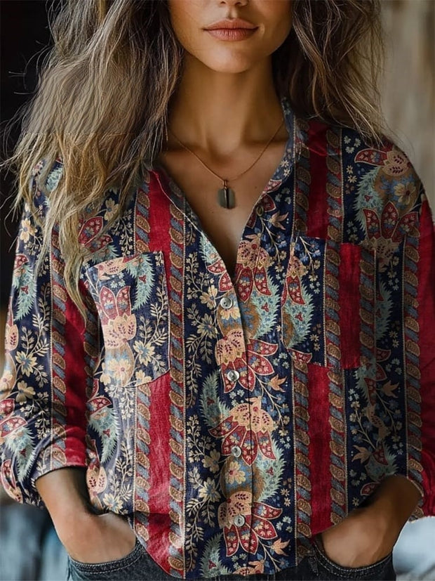 Women's Retro Floral Print Casual Long Sleeve Comfortable Cotton Shirt