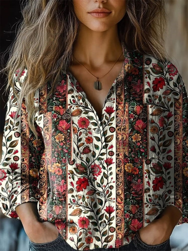 Women's Retro Floral Print Casual Long Sleeve Comfortable Cotton Shirt