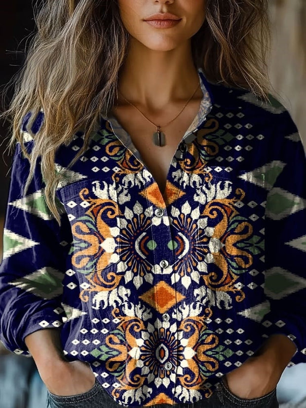 Women's Dark Blue Retro Symmetrical Diamond Pattern Art Print Casual Long Sleeve Comfortable Cotton Shirt