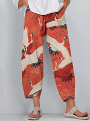 Japanese Art Crane Print Casual Pants