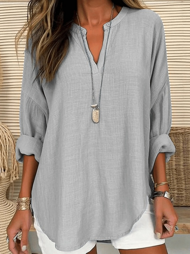 Women's Cotton Long Sleeve Round Neck Solid Color Loose Beach Shirt