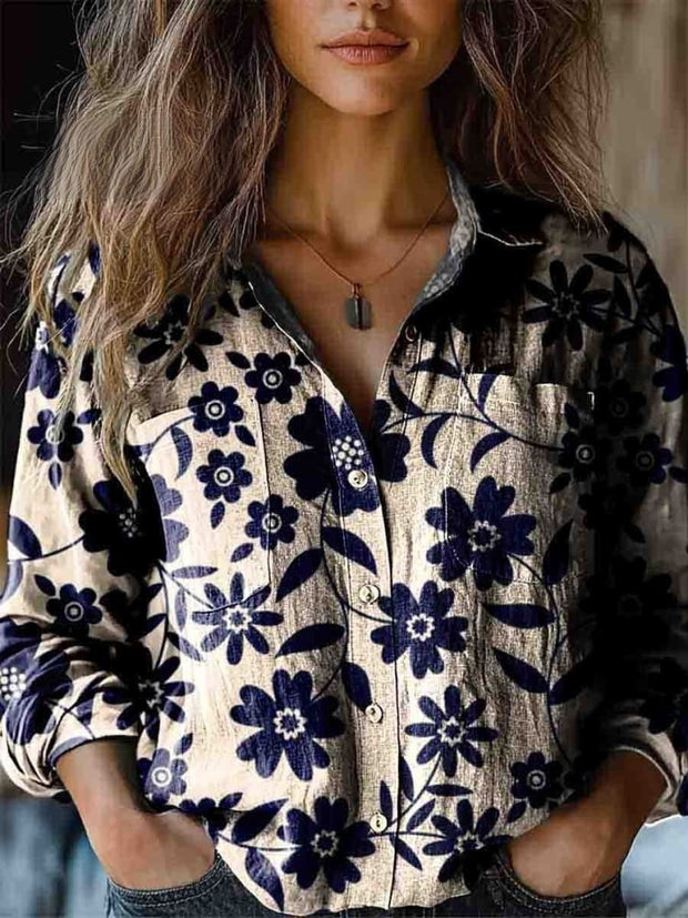 Ladies Lapel Printed Casual Long Sleeve Comfortable Cotton Shirt