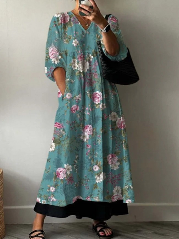 Vintage Classic Flower Decorative Pattern Pocket V-neck Cotton Dress