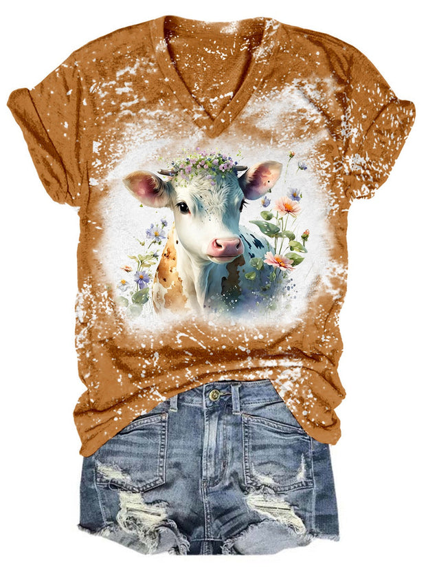 Floral Baby Cow Tie Dye V Neck T-shirt