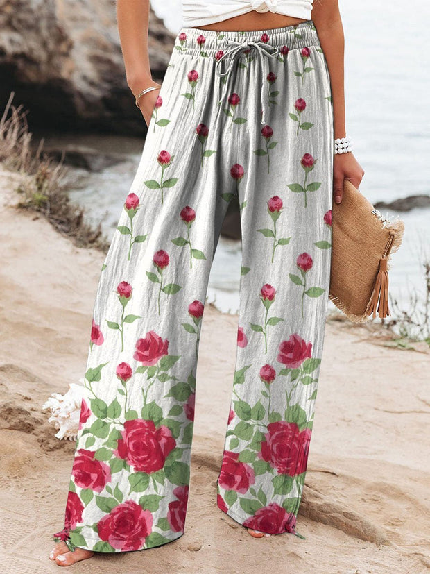 Blooming Poppy Field Pattern Printed Women's Cotton And Linen Casual Pants