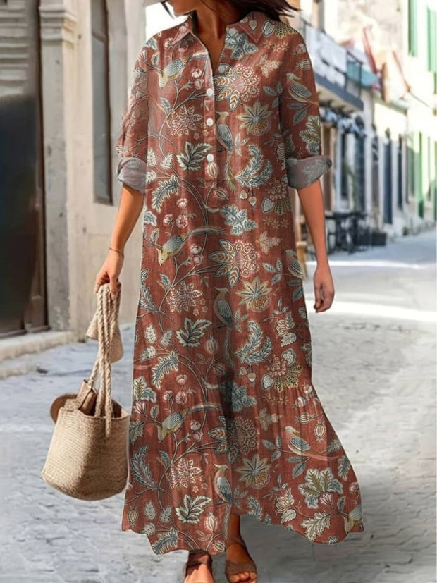 Vintage Style Bird And Floral Pattern Printed Women's Pocket Cotton Dress