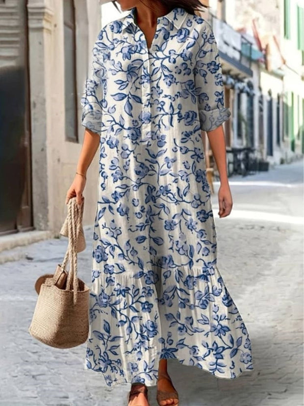 Simple Spring Floral Pattern Printed Women's Pocket Cotton Dress