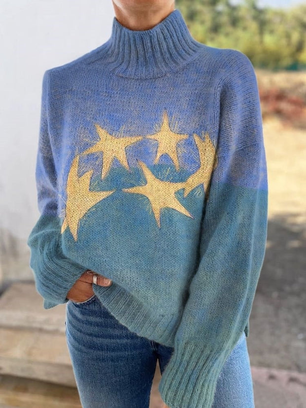 Dancing Stars Colorblock Art Print Knitted Turtleneck Pullover Sweater