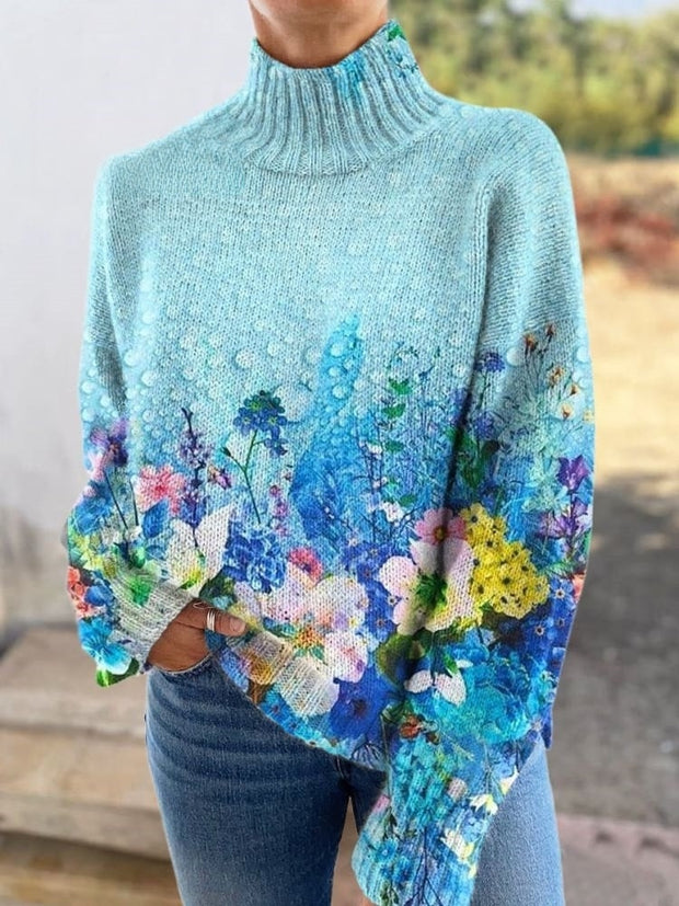 Floral Gradient Art Print Knitted Turtleneck Pullover Sweater