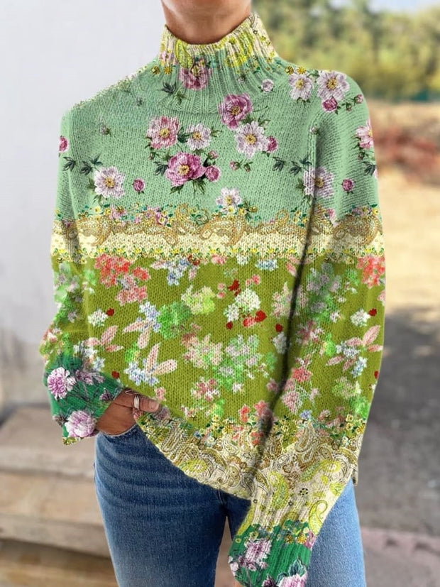 Floral Patchwork Art Print Knitted Turtleneck Pullover Sweater