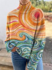 Sun and Ocean Art Print Knitted Turtleneck Pullover Sweater