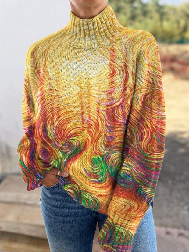 Glowing Waves Art Print Knitted Turtleneck Pullover Sweater