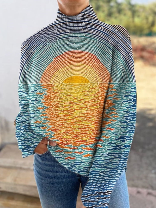 Seaside Ripple Sunrise Art Print Knitted Turtleneck Pullover Sweater