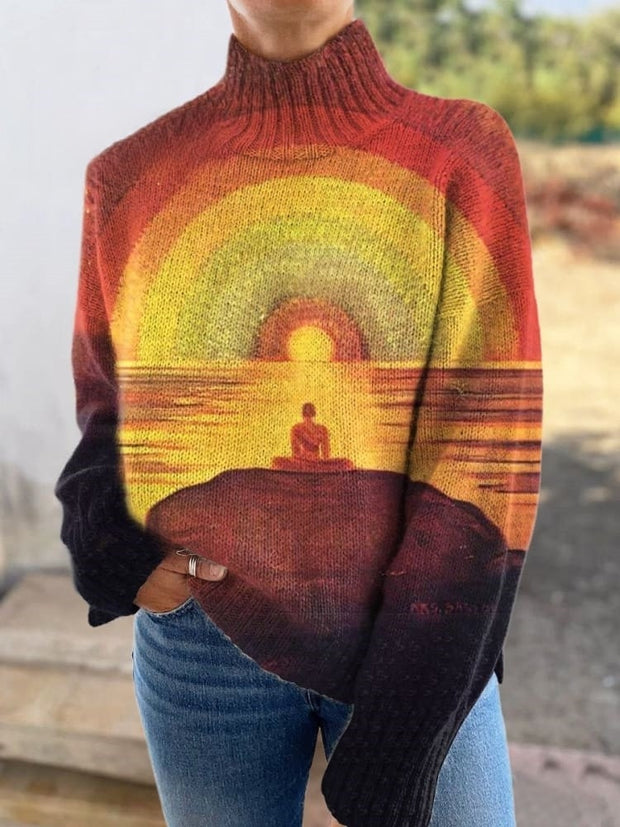 Art Print of A Person Meditating At Sunset On The Beach Knitted Turtleneck Pullover Sweater