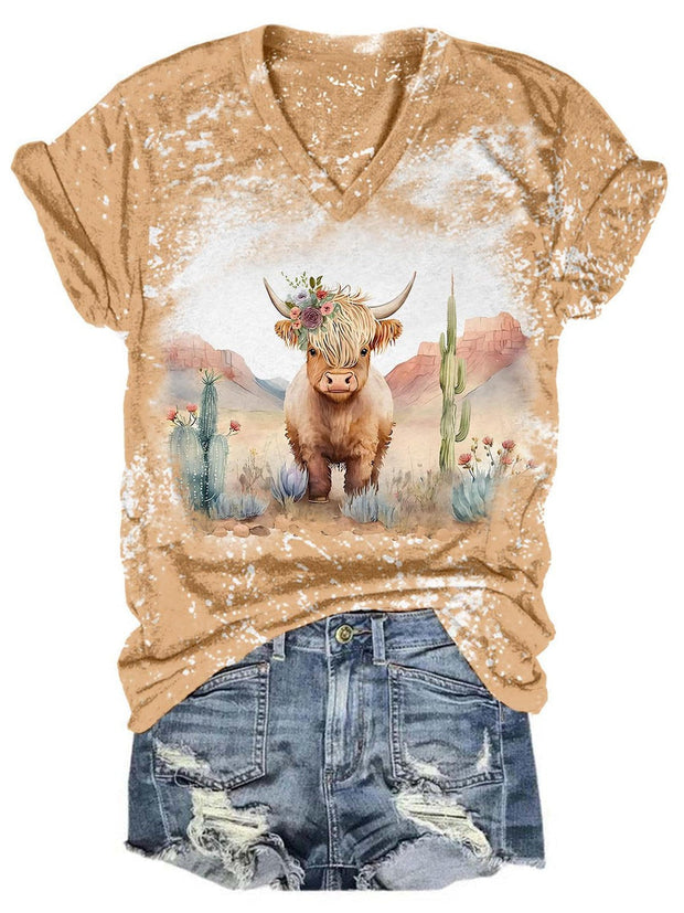 Western Highland Cow Print Tie Dye V Neck T-Shirt