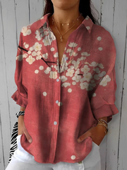 Elegant Gentle And Intellectual Plum Blossom Printed Cotton And Linen Shirt