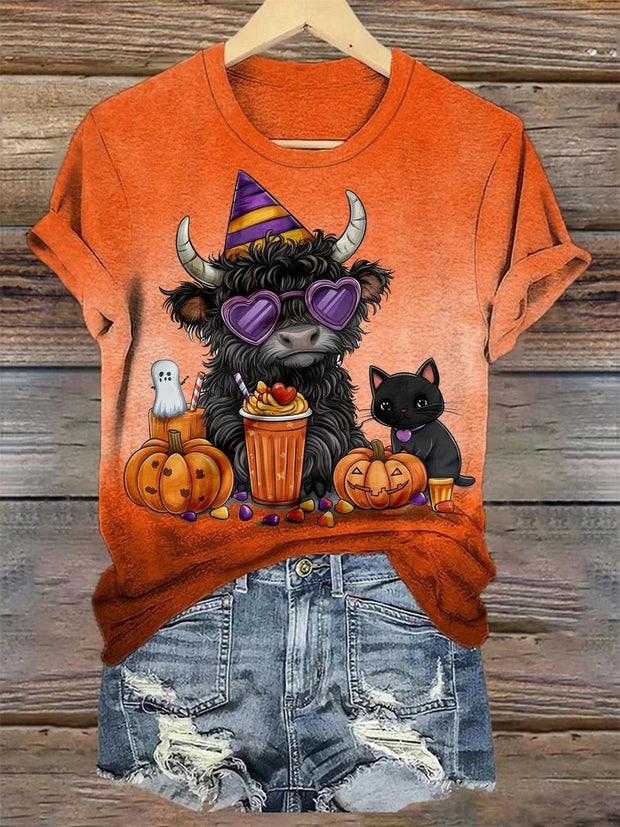 Halloween Cow Pumpkin Crew Neck T-shirt