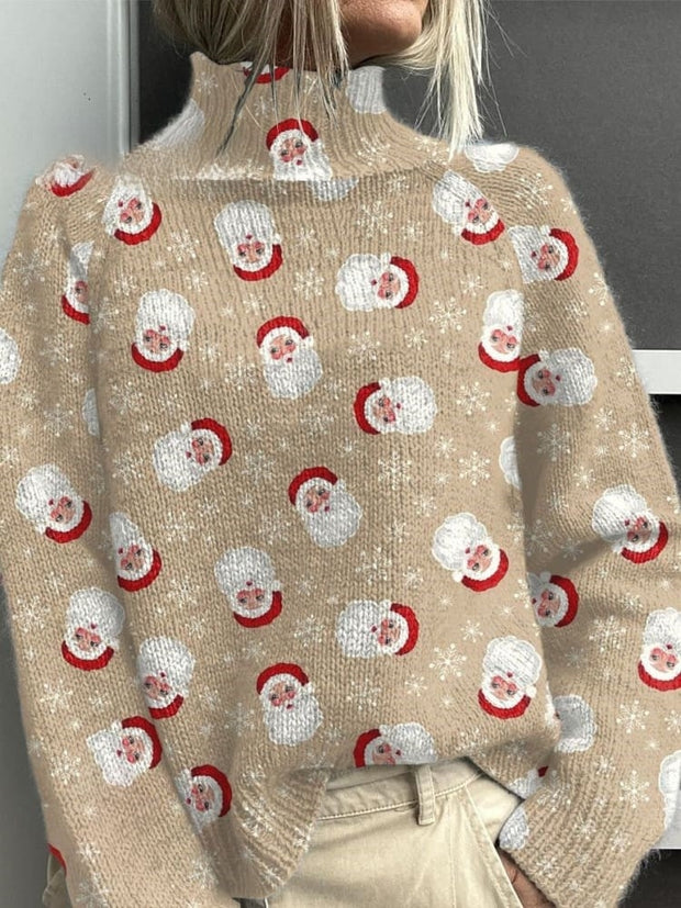 Vintage Christmas Santa Print Knit Turtleneck Pullover Sweater