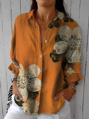 Gentle And Generous Flowers Printed Three-Quarter Sleeves Cotton And Linen Shirt