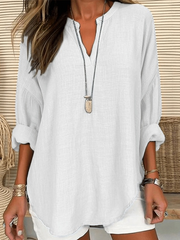 Women's Cotton Long Sleeve Round Neck Solid Color Loose Beach Shirt