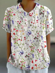 Women's   Flower Art Print Casual Cotton And Linen Shirt