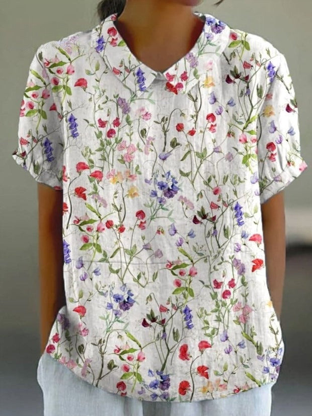 Women's   Flower Art Print Casual Cotton And Linen Shirt