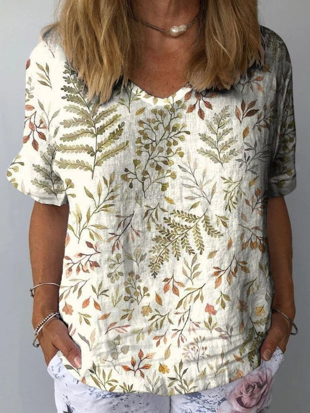 Foliage Flowers Women's Print Casual Cotton And Linen Shirt