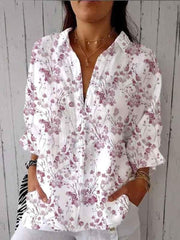 Women's Purple Elegant Flower Floral Print Casual Linen V-neck Shirt