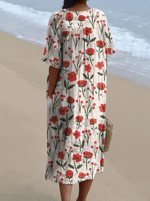 Blooming Poppy Field Pattern Printed Women's Flowy Dress