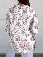 Women's Purple Elegant Flower Floral Print Casual Linen V-neck Shirt