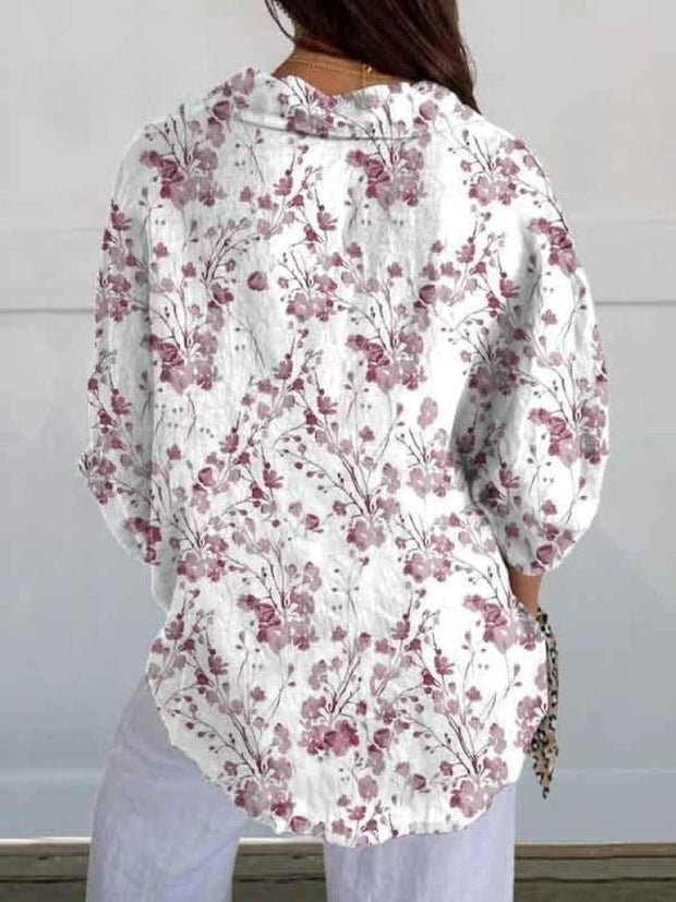 Women's Purple Elegant Flower Floral Print Casual Linen V-neck Shirt