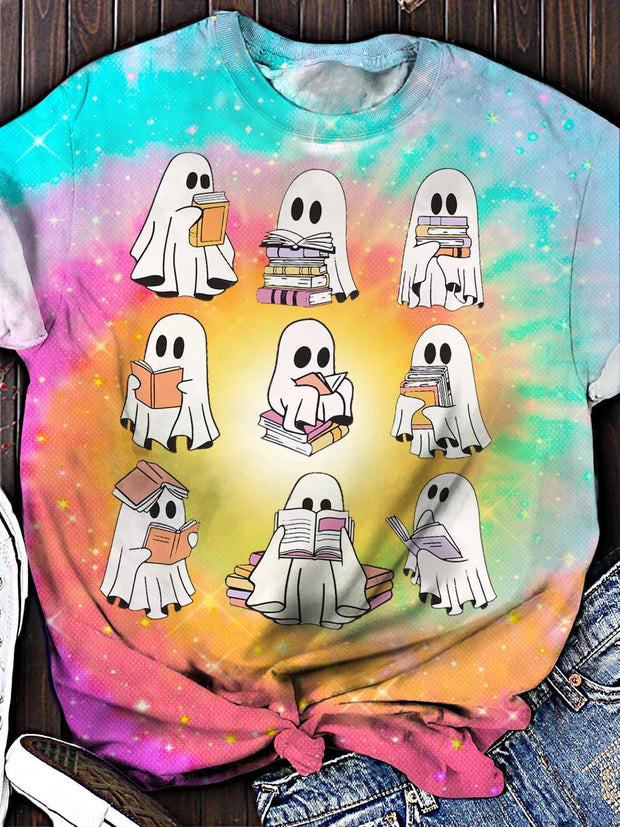 Women's Halloween Reading Cute Ghost Crew Neck T-shirt