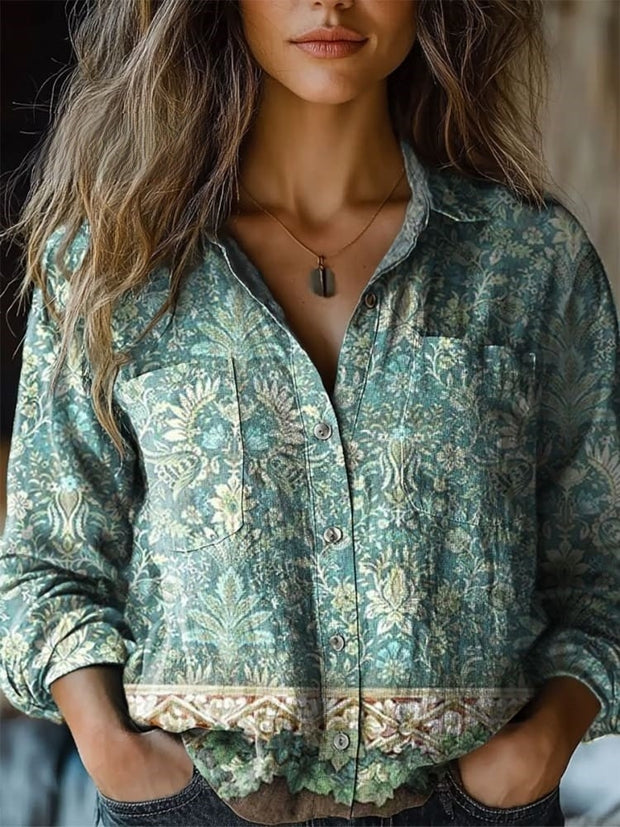 Women's Vintage Print Casual Long Sleeve Comfortable Cotton Shirt