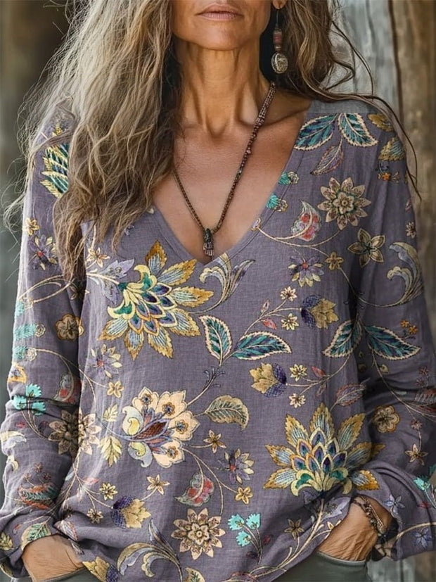 Women's Boho Floral Art Print Casual V Neck Comfortable Cotton Shirt