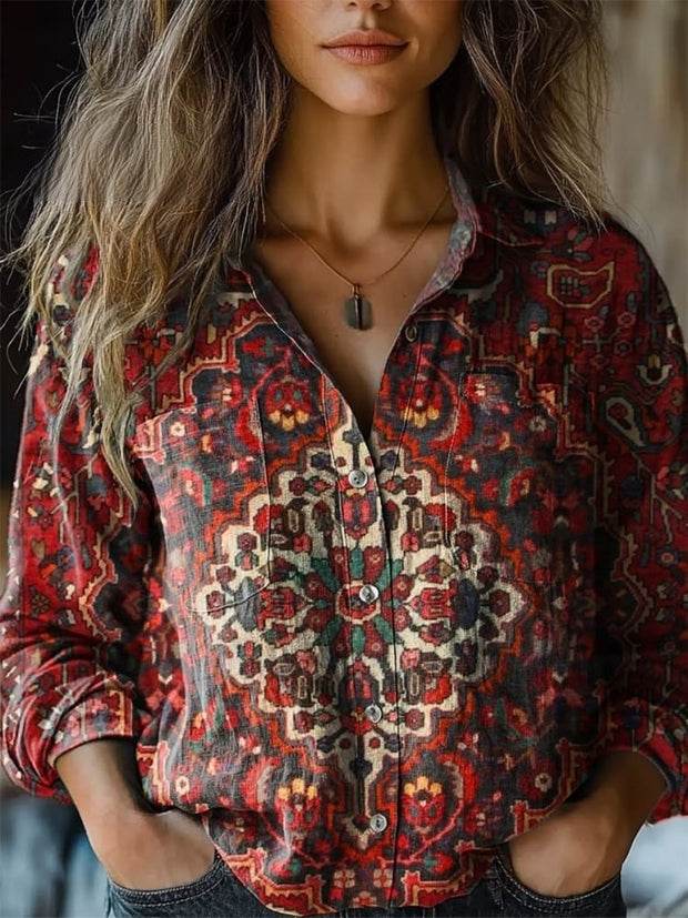 Vintage Floral Print Casual Long Sleeve Comfortable Cotton Shirt