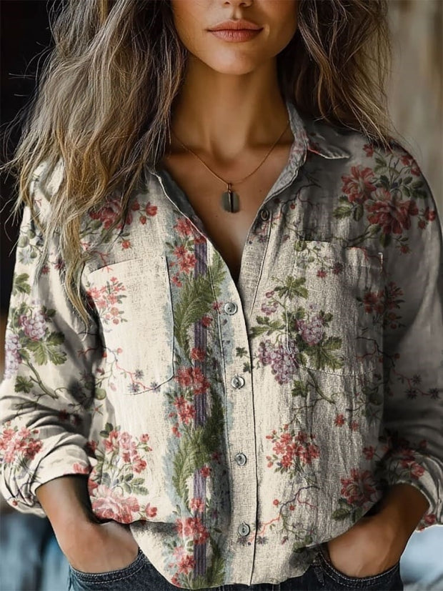 Women's Floral Art Print Casual Long Sleeve Comfortable Cotton Shirt