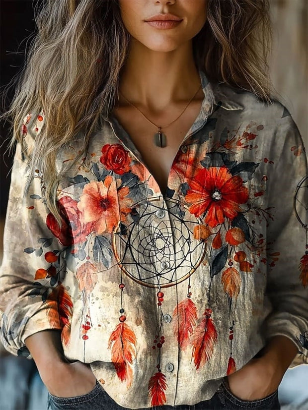 Women's Boho Feather Art Print Casual Long Sleeve Comfortable Cotton Shirt