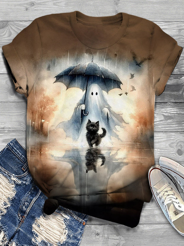 Halloween Elf Cat Gradient Print Short Sleeve T-Shirt