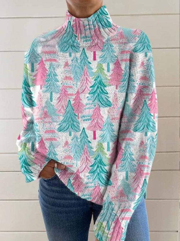 Women's Lovely Christmas Tree Art Print Knit Turtleneck Pullover Sweater