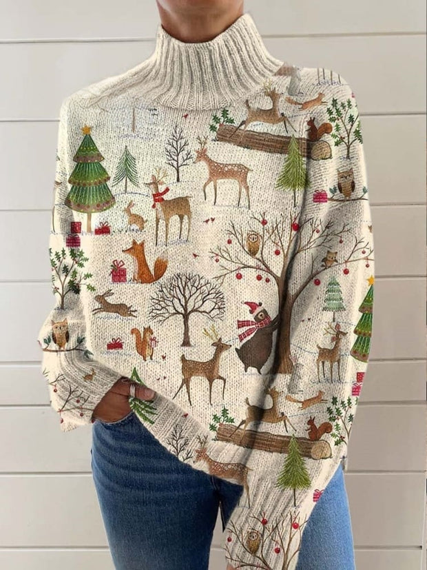 Women's Lovely Christmas Animals Pattern Art Print Knit Turtleneck Pullover Sweater