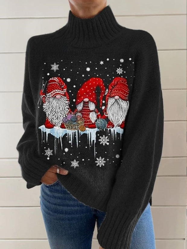 Women's Lovely Christmas Gnome Art Print Knit Turtleneck Pullover Sweater