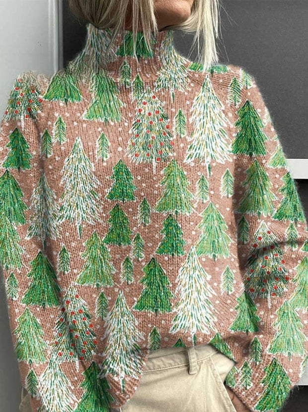 Women's Lovely Christmas Tree Art Print Knit Turtleneck Pullover Sweater