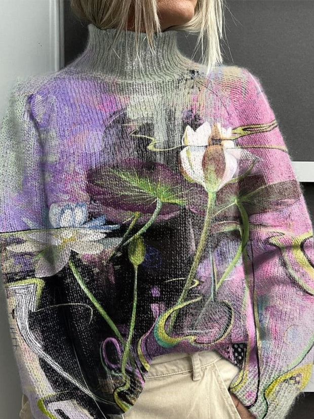 Ink Dream Lotus Print Knit Turtleneck Pullover Sweater