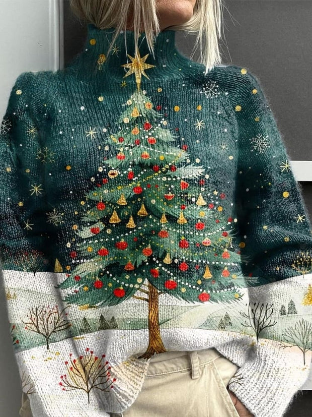 Women's Lovely Christmas Tree Art Print Knit Turtleneck Pullover Sweater