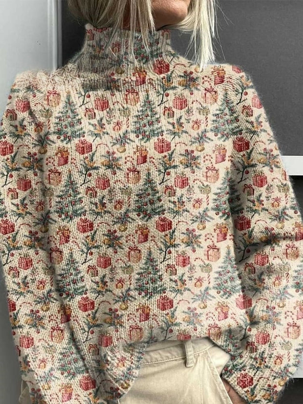 Women's Lovely Christmas Tree Art Print Knit Turtleneck Pullover Sweater