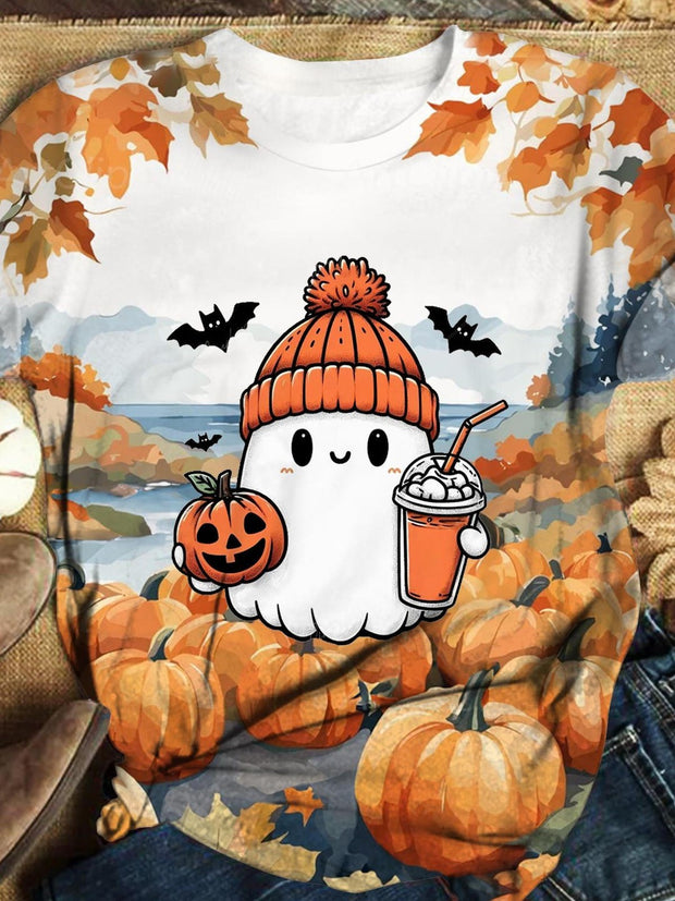 Cute Ghost Fall Spooky Pumpkins Crew Neck T-shirt